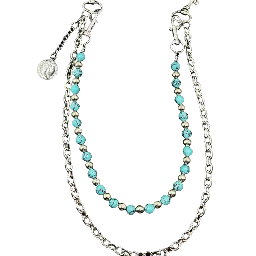 Boho double-layer hat strap with turquoise beads and silver chain
