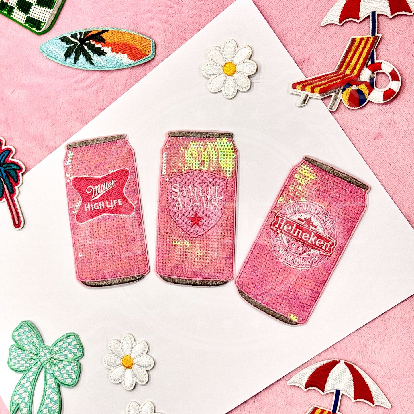 Pink sequin embroidered beer can patches – Miller High Life, Samuel Adams, Heineken designs