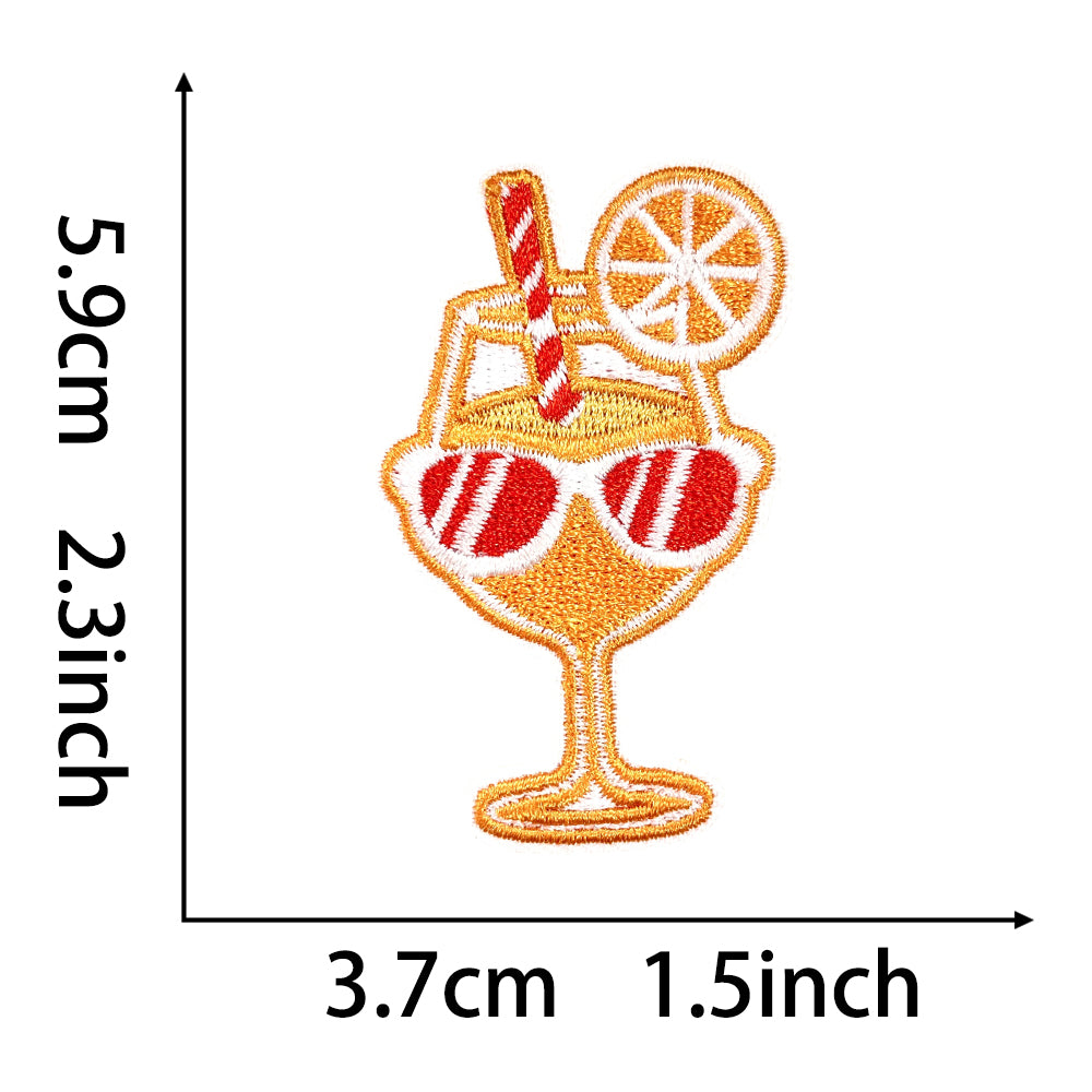 Embroidered cocktail glass iron-on patch with sunglasses, straw, and orange slice, 5.9cm x 3.7cm