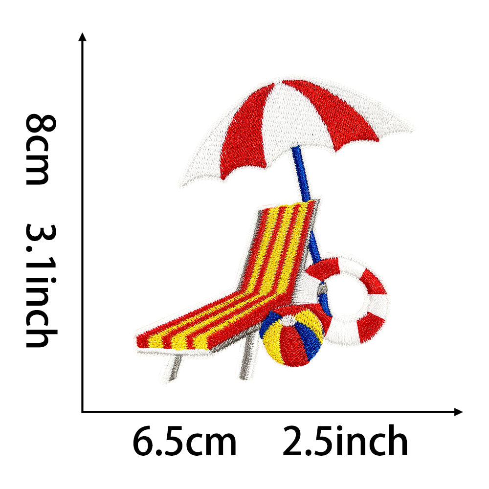 Summer beach embroidered patch with striped deck chair, umbrella, beach ball and lifebuoy – 8cm x 6.5cm iron-on