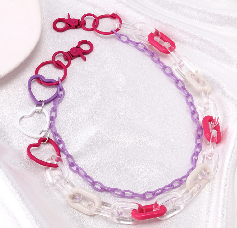 Pink and purple heart acrylic hat chain strap with clips for baseball cap or bucket hat