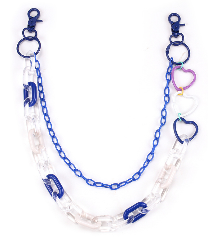 Double-layer acrylic hat chain with navy and clear links, purple white and blue heart clasps