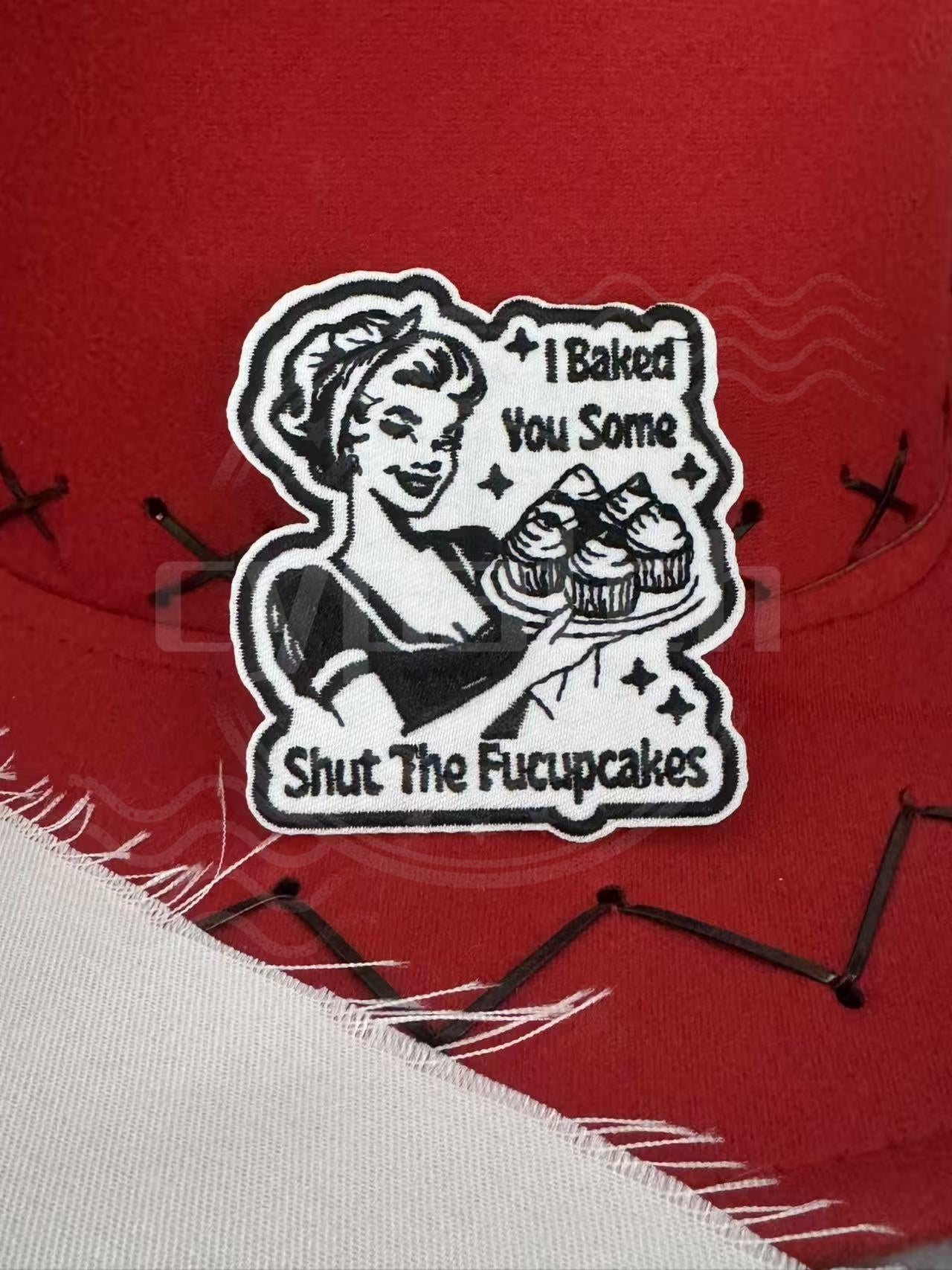 Funny sarcastic cupcake embroidered patch with vintage woman – Shut the Fucupcakes design
