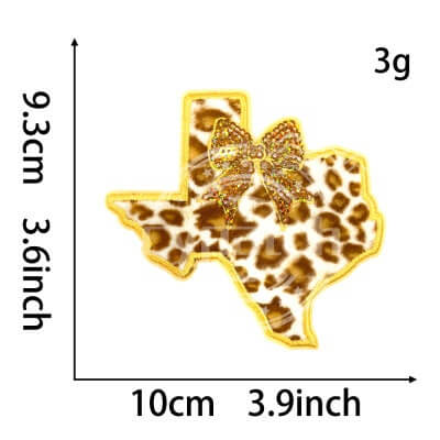 Gold leopard print Texas state patch with embroidered bow