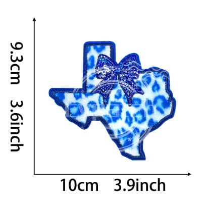 Texas state shape embroidered patch with blue leopard print and glitter bow