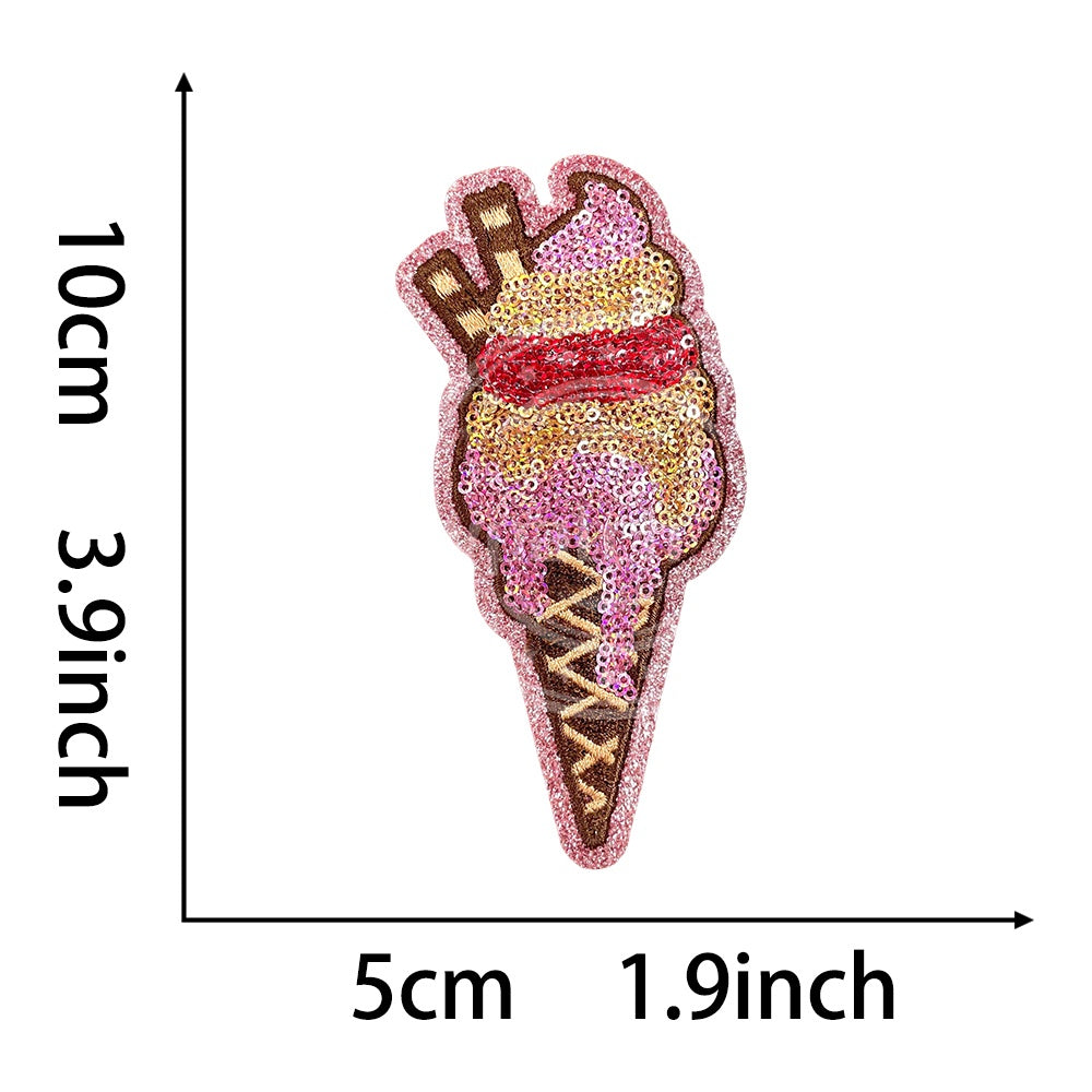 Pink and gold ice cream sequin embroidered iron-on patch, 10cm x 5cm