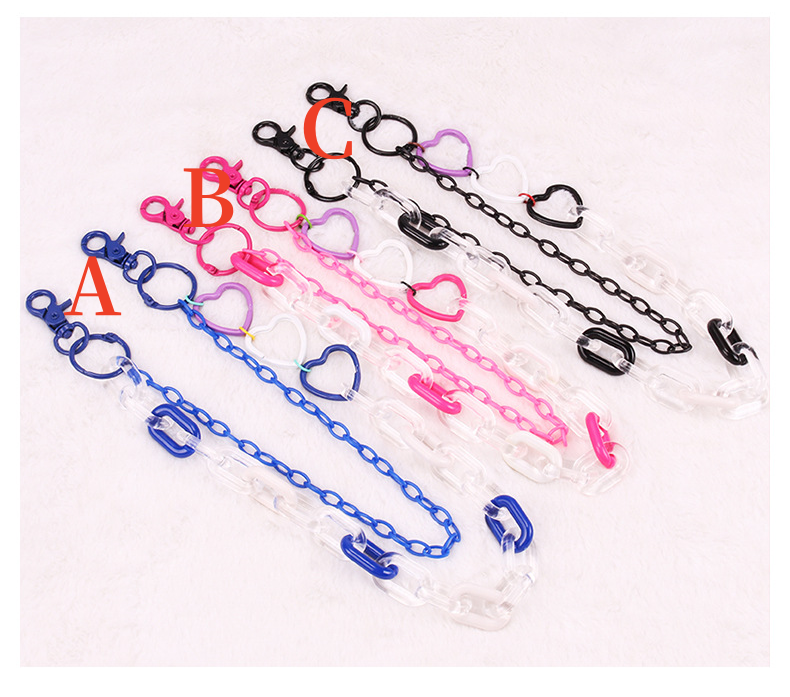 Colorful acrylic hat chains with heart clasps in blue, pink, and black – options A, B, C
