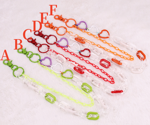 Colorful transparent heart clip hat chains in 6 styles labeled A–F