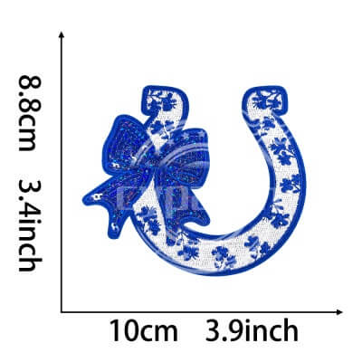 Blue embroidered patch in the shape of a horseshoe with bow and floral details
