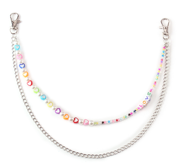 Rainbow heart and letter beads hat chain with silver chain and clips