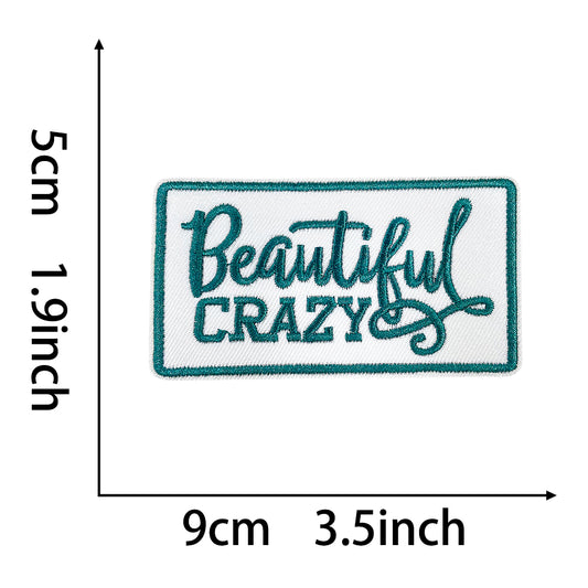 Beautiful Crazy embroidered iron-on patch in teal, 9cm x 5cm
