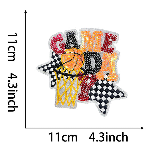 Game Day iron on patch with basketball net and stars, 11cm x 11cm embroidery applique