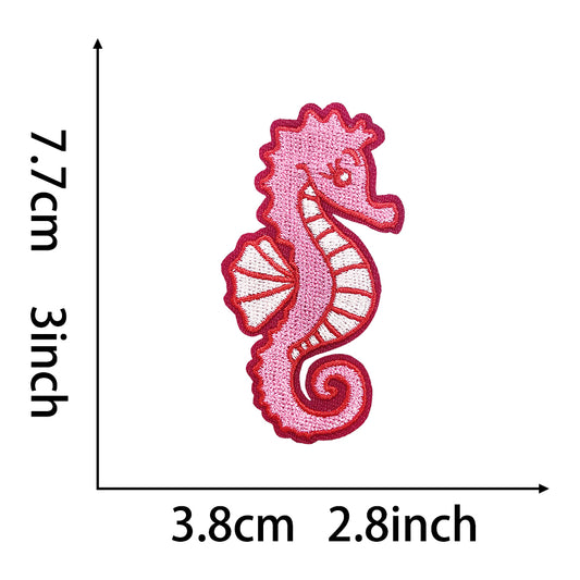 Cute pink seahorse embroidered iron-on patch – 7.7cm x 3.8cm for jackets, bags, crafts
