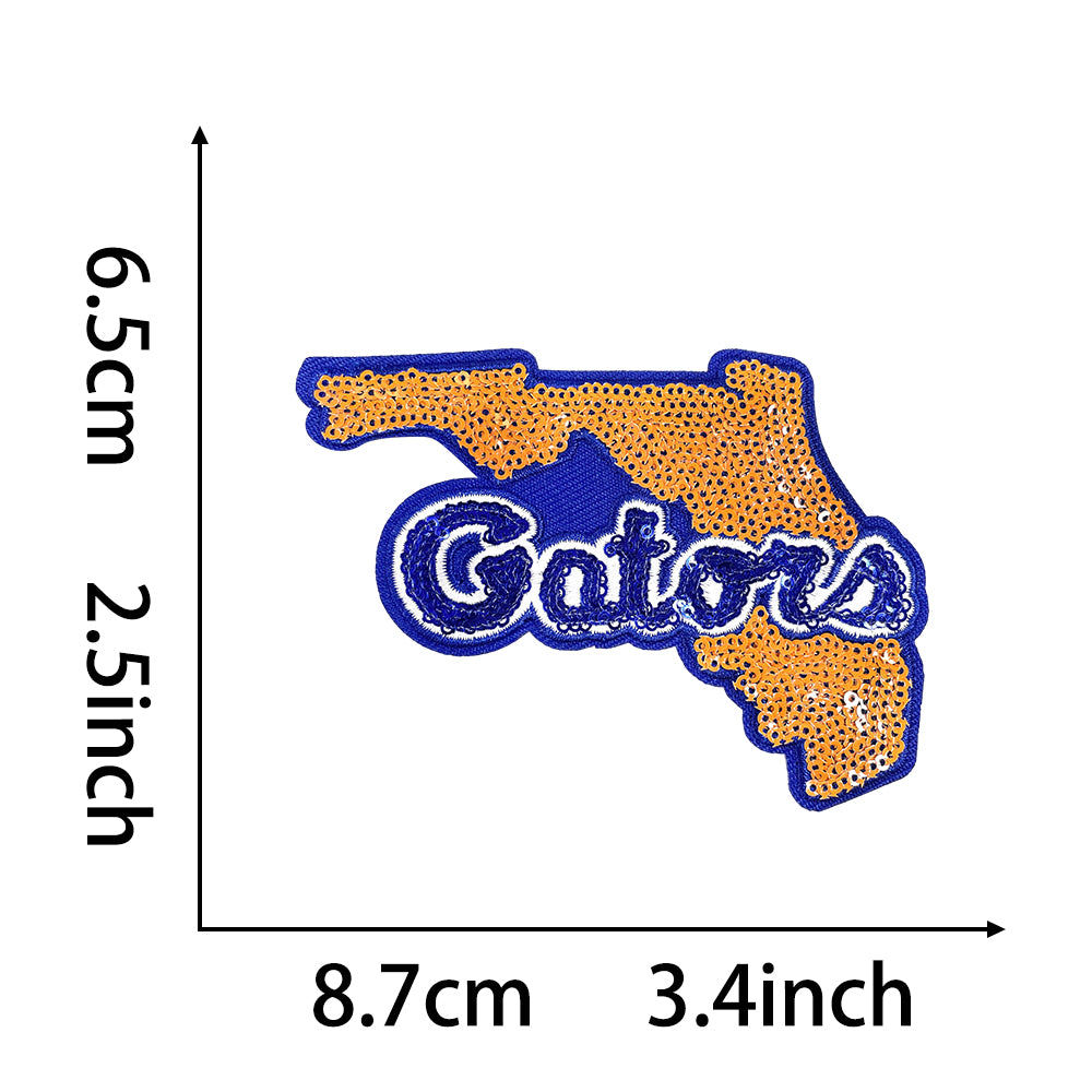 Florida state shape Gators sequin embroidered patch in orange and blue, iron-on, 8.7cm x 6.5cm