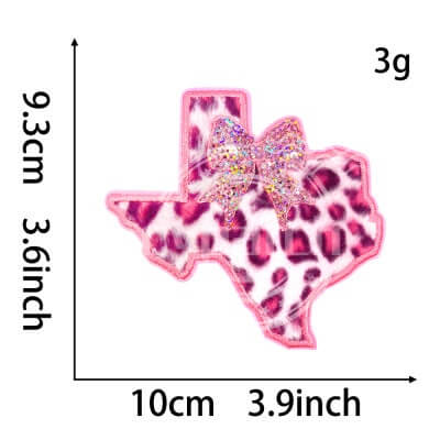 Texas state shape embroidered patch with pink leopard print and glitter bow
