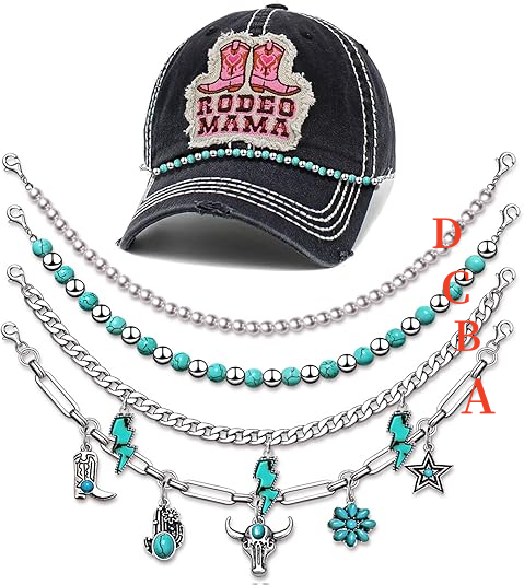 Boho silver chain hat straps with turquoise beads and Western-themed charms – options A/B/C/D
