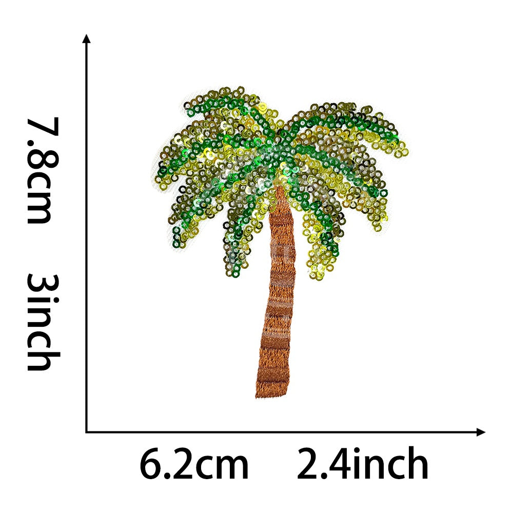 Green palm tree sequin patch, tropical embroidered patch, 7.8cm x 6.2cm