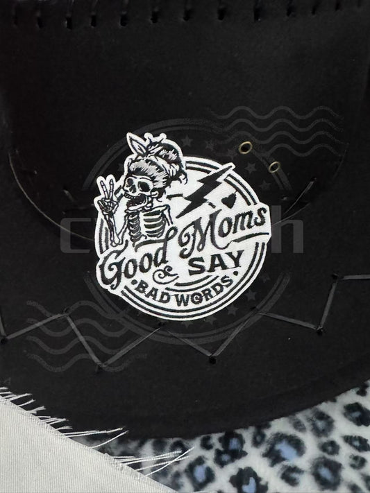 Funny embroidered patch with skeleton mom and quote “Good Moms Say Bad Words” in white on black background