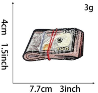 Money stack embroidered patch with dollar bill design, 7.7cm x 4cm